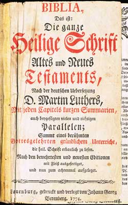 Bibel, gedruckt bei Berenberg in Lauenburg 1774, Titelblatt