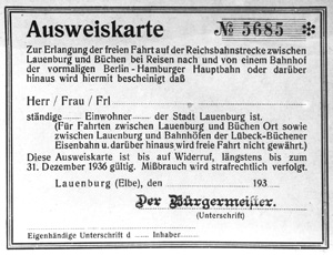 Eisenbahn Lauenburg - Büchen, Ausweiskarte 1930er Jahre