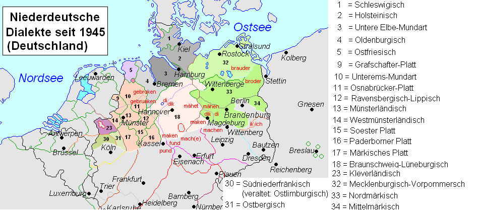 Landkarte Niederdeutsche Dialekte seit 1945