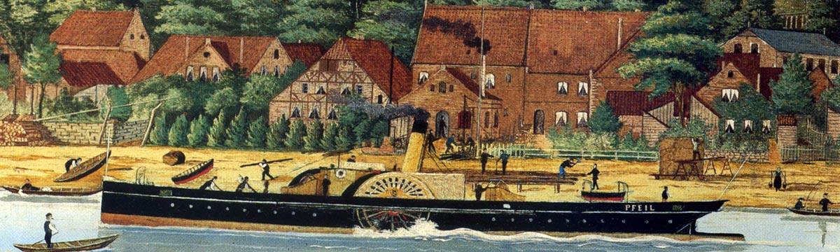 Lauenburg, Raddampfer und Boote, alte Flussansicht von Heinrich Murjahn