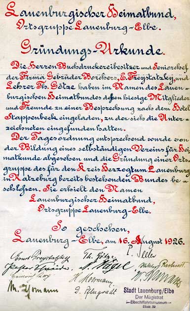 Gründungs-Urkunde Lauenburgischer Heimatbund, Ortsgruppe Lauenburg-Elbe von 1926